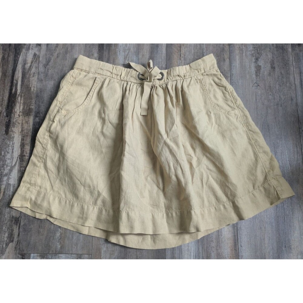 J Crew 100% Linen Mini Skirt Khaki/Beige Preppy Women's 8 Drawstring Waist